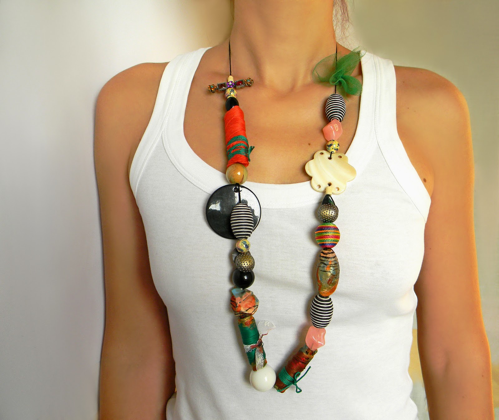 Oversized Statement Necklace with Large Beads and Textile Collages