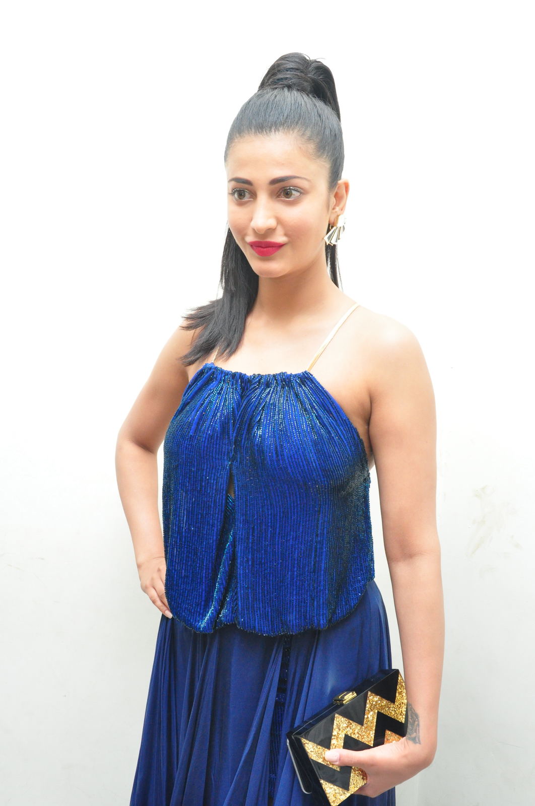 Tollywood Beautiful Actress Shruti Hassan In Blue Gown at Movie Audio Release