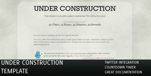 Under Construction Pages with Twitter & Countdown - ThemeForest Item for Sale
