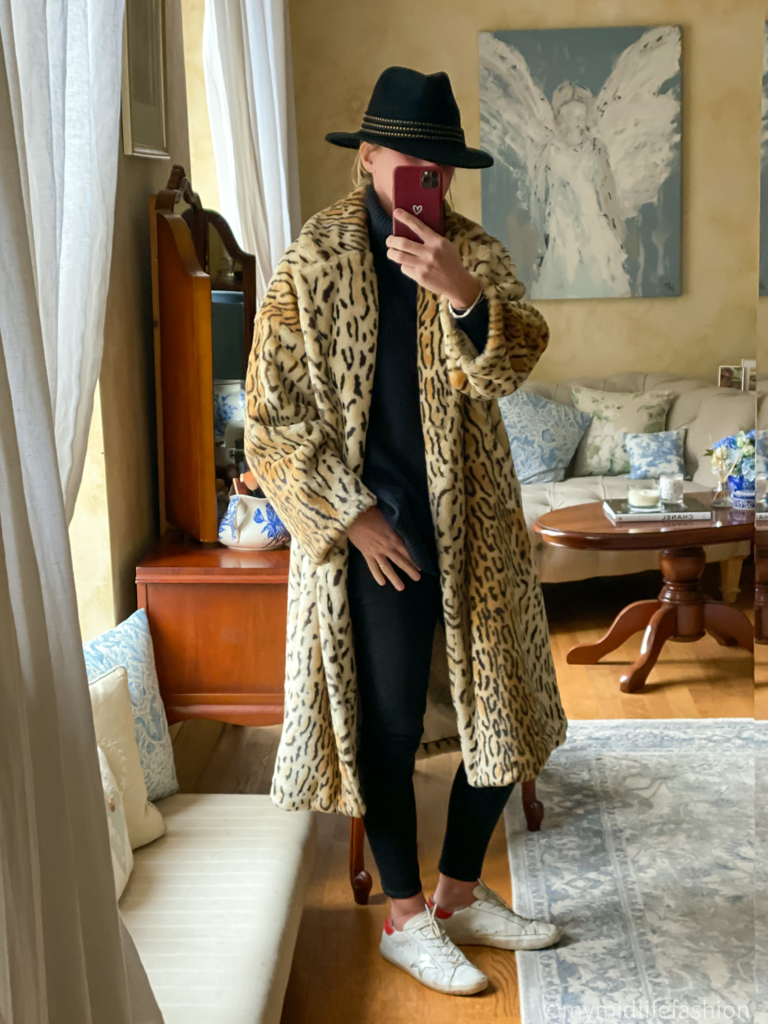 my midlife fashion, John Lewis felt fedora hat, h and m faux fur leopard print coat, amazon roll neck jumper, j crew 8 inch toothpick skinny jeans, golden goose superstar low top leather trainers