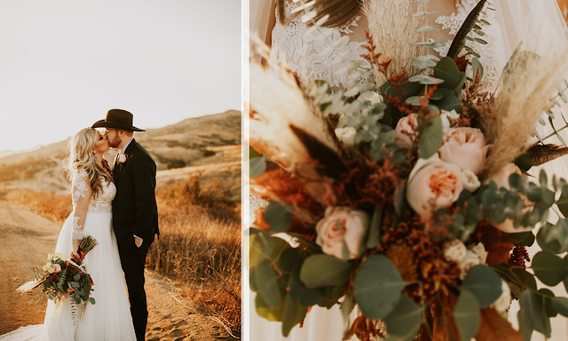 blonde bride with flowers, outdoor wedding