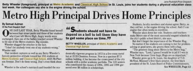 1996 news story Metro Academic and Classical High School 4015 McPherson Ave St Louis MO, founded by Betty M Wheeler