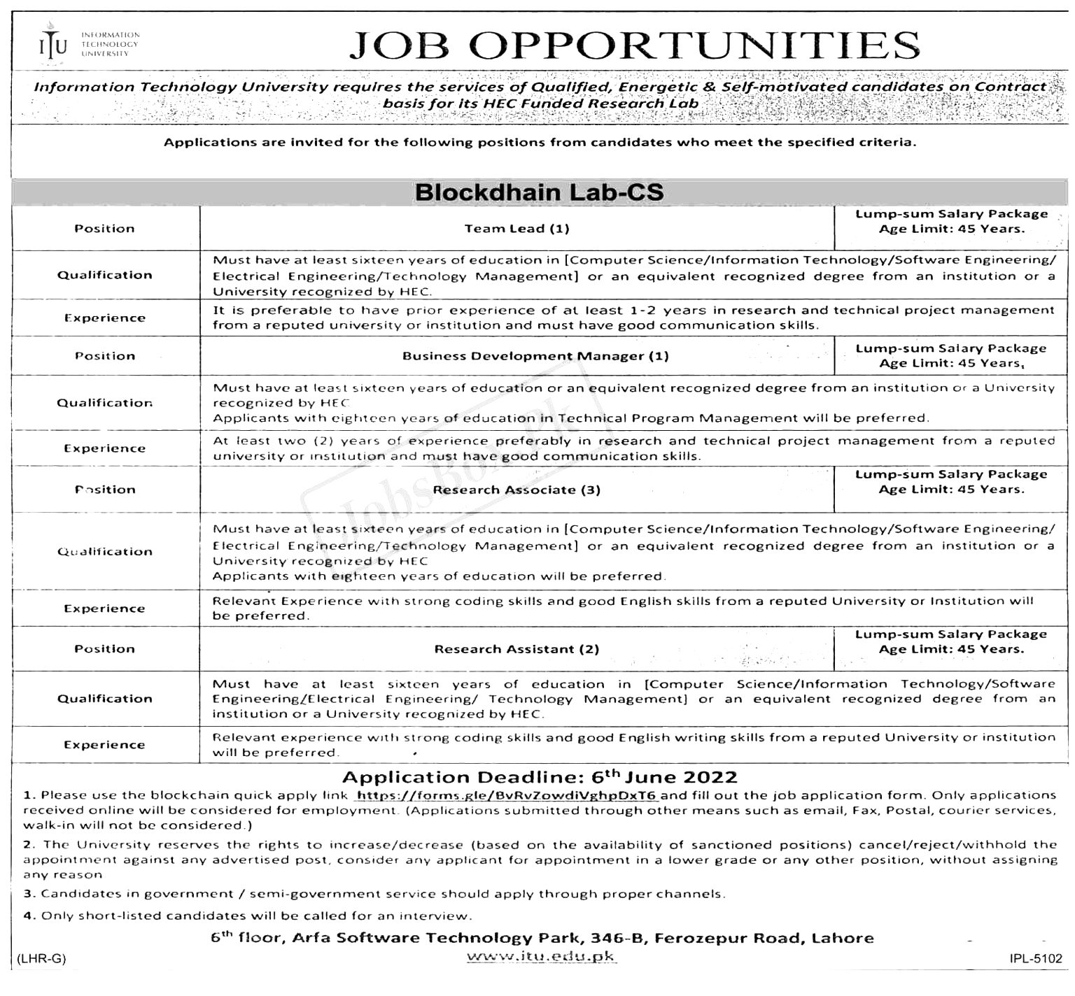 Information Technology University ITU Lahore Latest Jobs 2022 Online Form