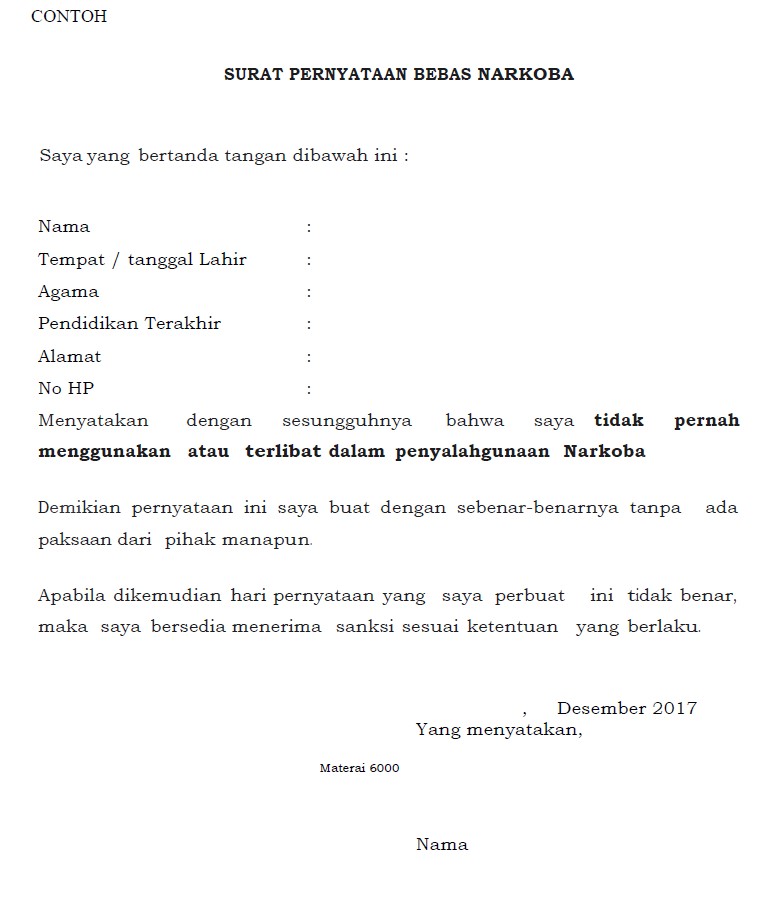 Contoh Surat Pernyataan Bebas Narkoba Yang Baik Untuk 