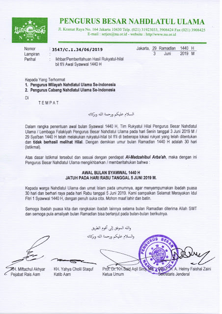 Surat ikhtibar Pengurus Besar Nahdlotul ulama