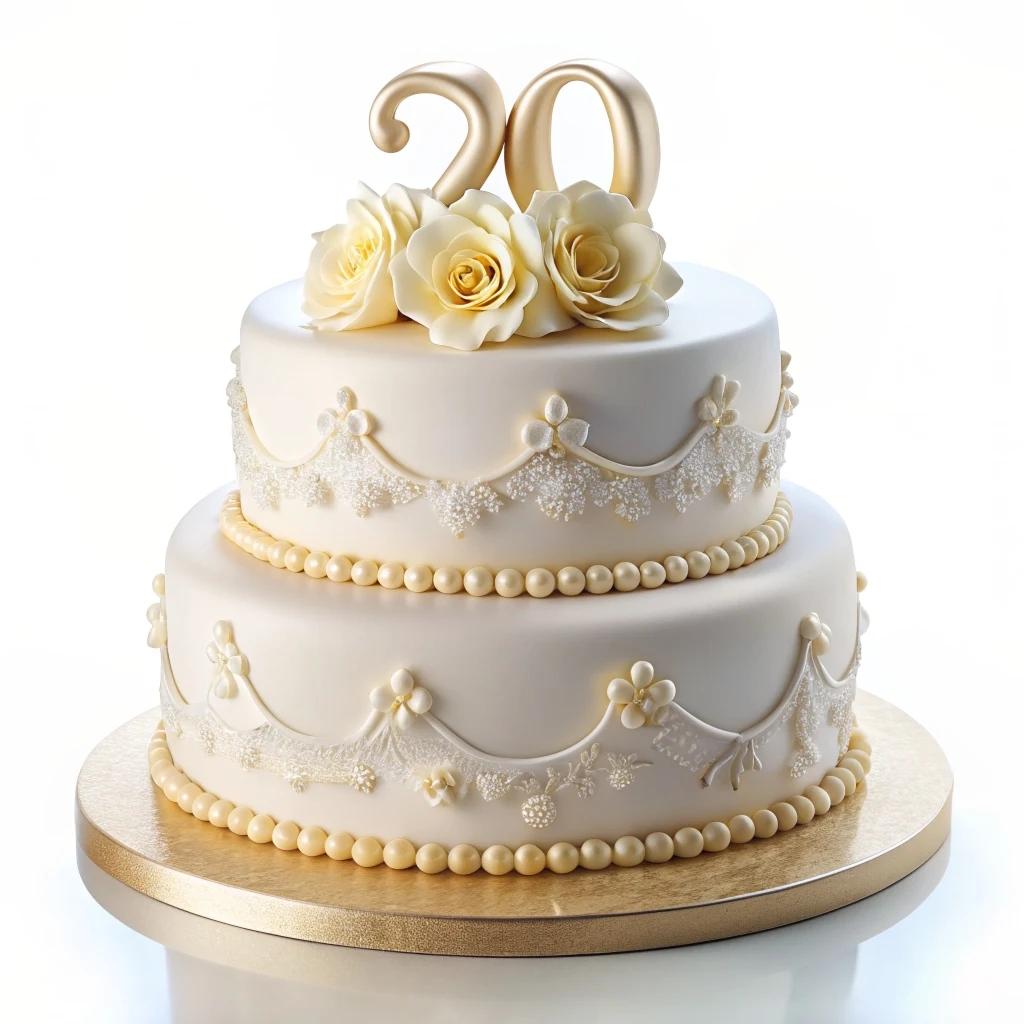  Pastel de aniversario de bodas de 20 años en color blanco decorado con rosas y perlas 