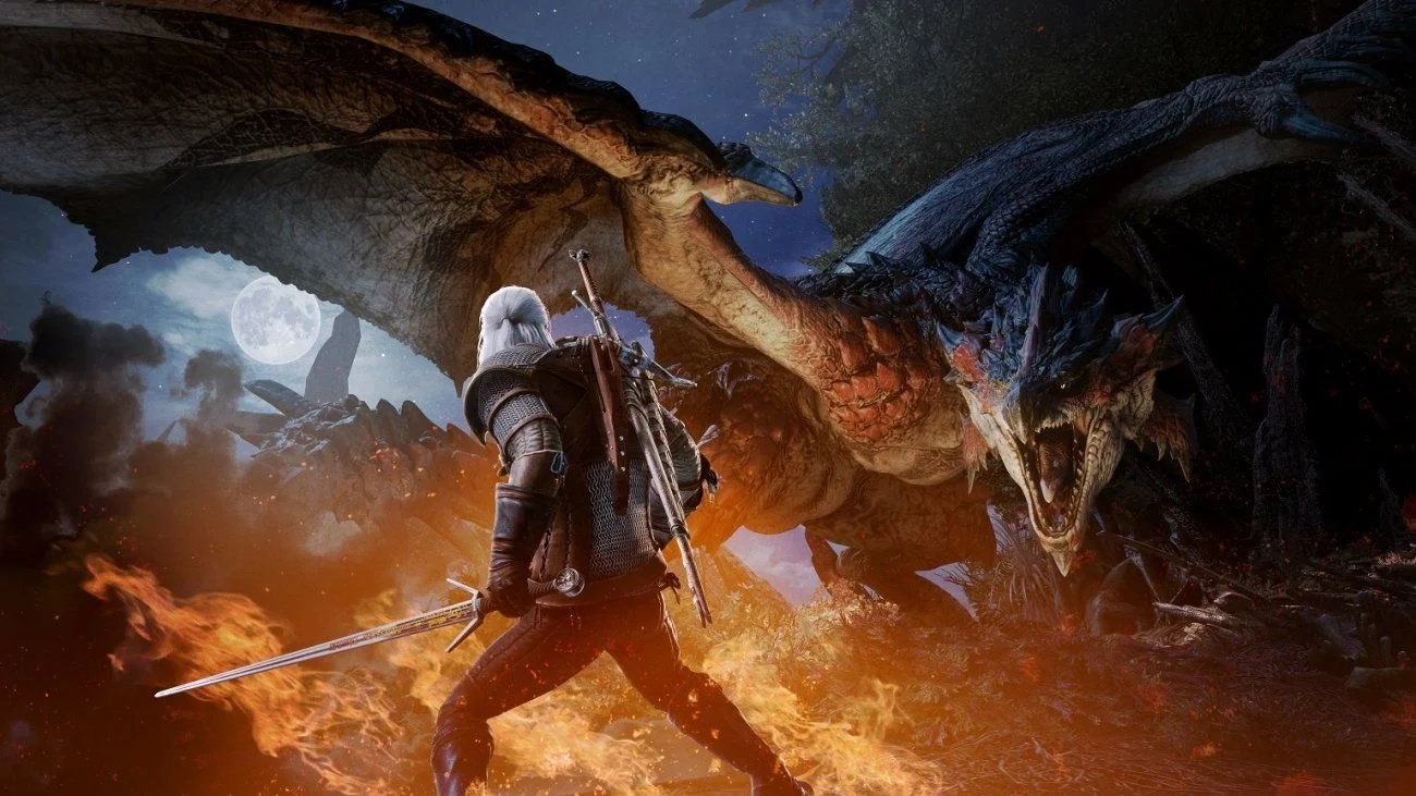 Geralt of Rivia facing a ferocious creature in the woods