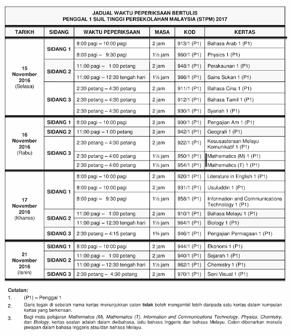 Jadual Waktu Peperiksaan Penggal 1 STPM 2017