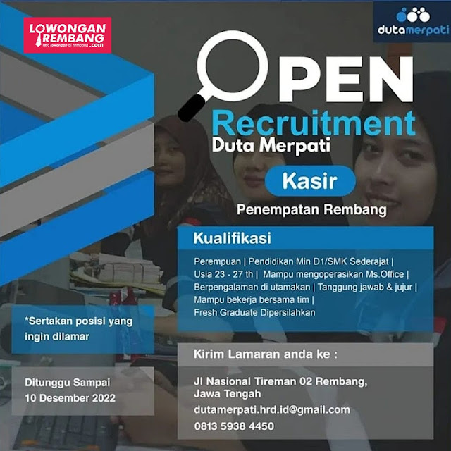 Lowongan Kerja Pegawai Kasir Toko Besi Baja Duta Merpati Tireman Rembang