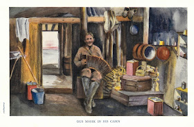 Color frontispiece of sketch of "Gus" Masik in his cabin in Alaska. He is playing an accordian wearing hih boots with a big smile on his face. The cabin has a wood pile and a stove and Masik's modest belongng.