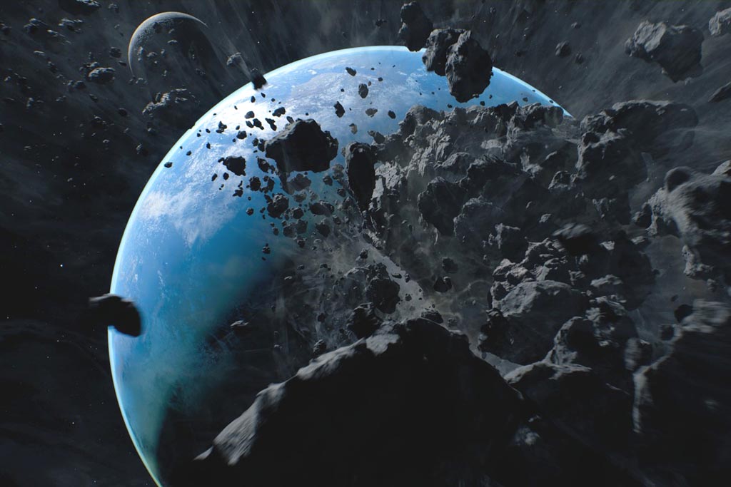 Asteroid above earth, on a collision course.
