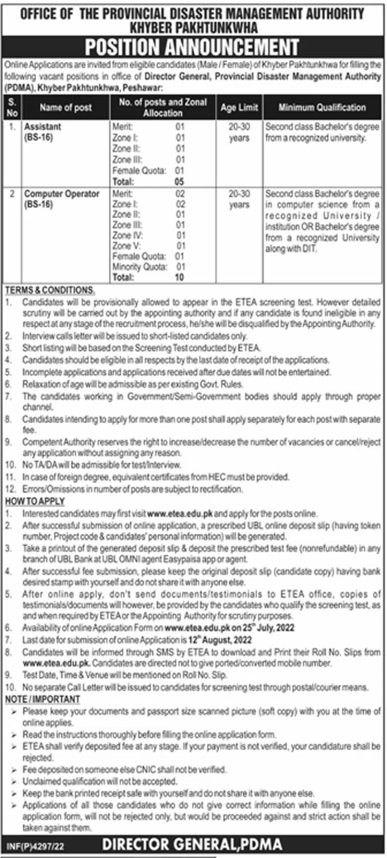 PDMA Jobs 2022 - Provincial Disaster Management Authority Jobs 2022