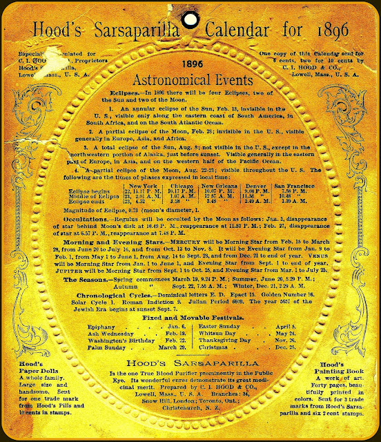 Hood's Sarsaparilla Calendar for 1896 notations of astronomical events