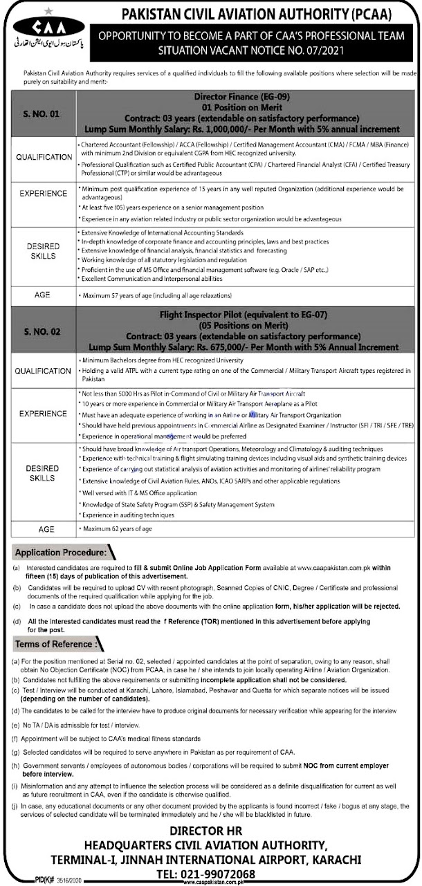 Latest Jobs in Pakistan Civil Aviation Authority PCAA 2021 - Apply At www.caapakistan.com.pk