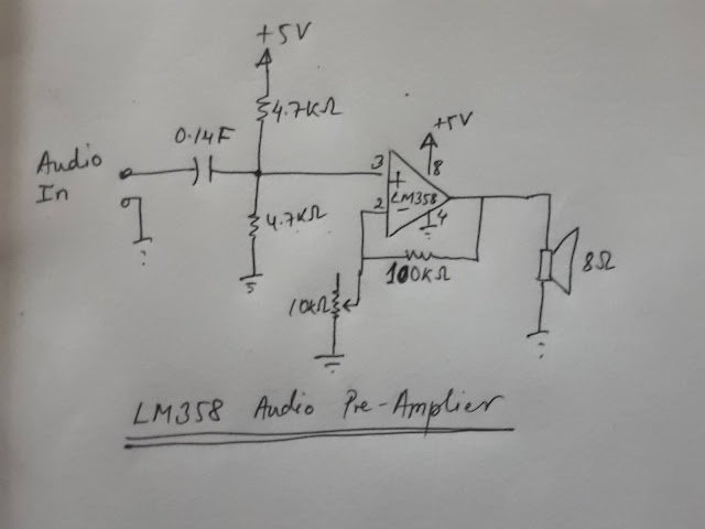 schematic of LM358 as audio pre-amplifier