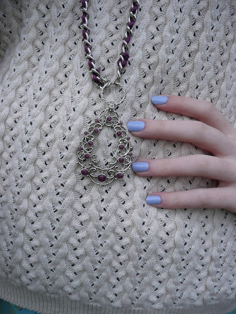 cream sweater open knit purple necklace chain pendant lilac periwinkle nail polish