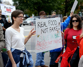 Two demonstrators hold a placard which says real food not fake, save the bee, protect, not profit