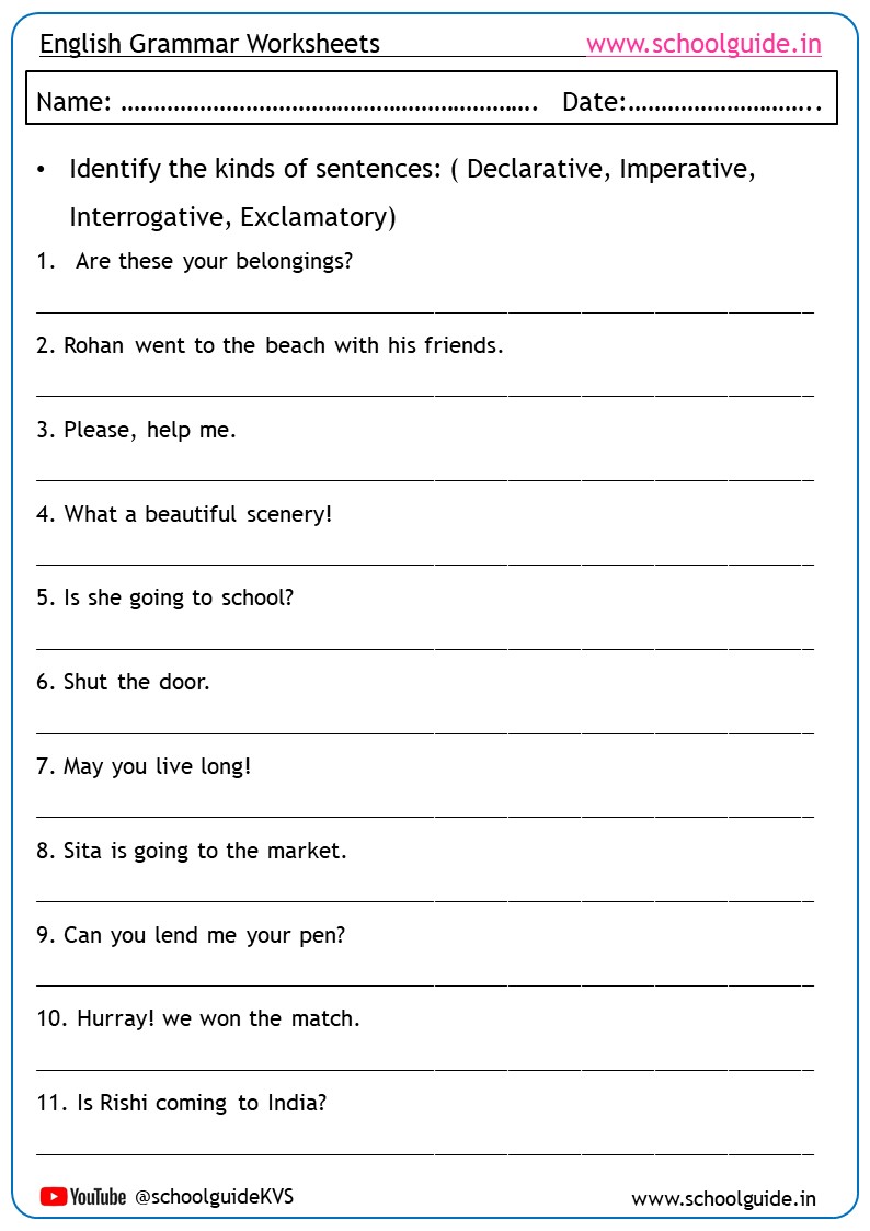 Types of Sentences Worksheets
