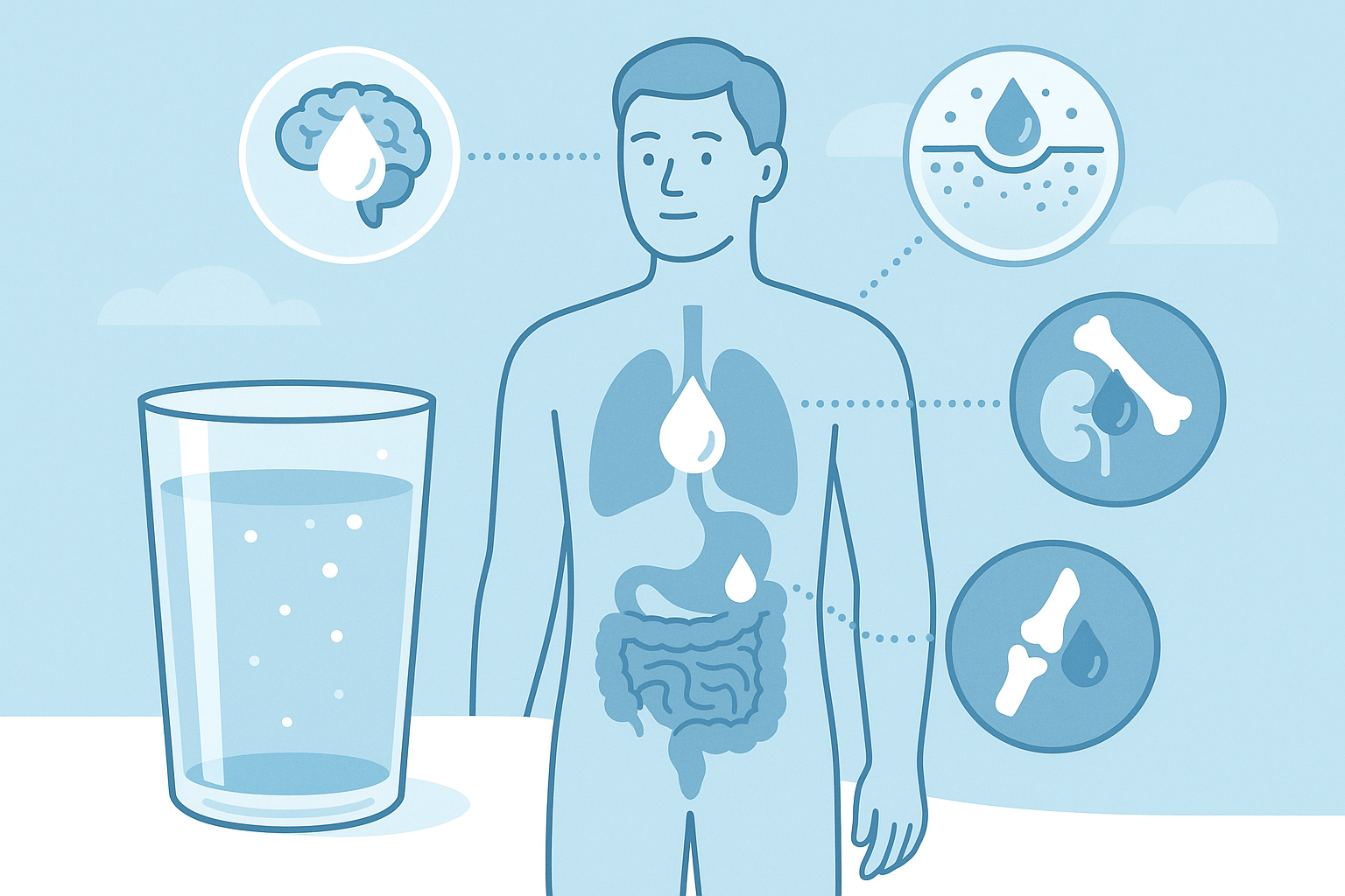 Bagan anatomi tubuh manusia menunjukkan peran air pada berbagai organ vital seperti otak, ginjal, dan kulit.