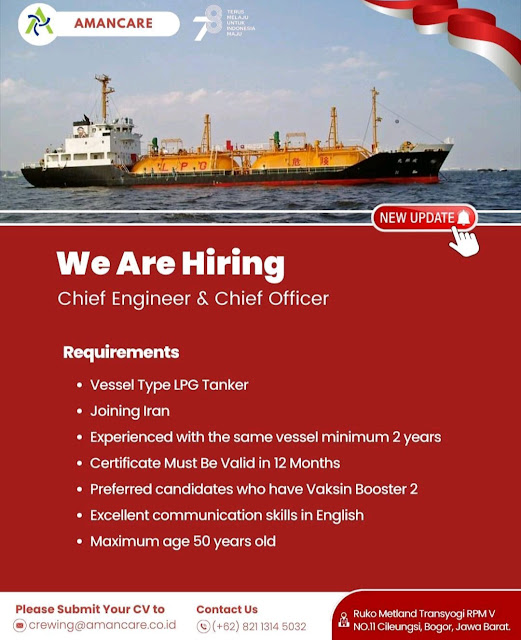 Dibutuhkan Chief Engineer dan Chief Officer LPG Tanker 2023