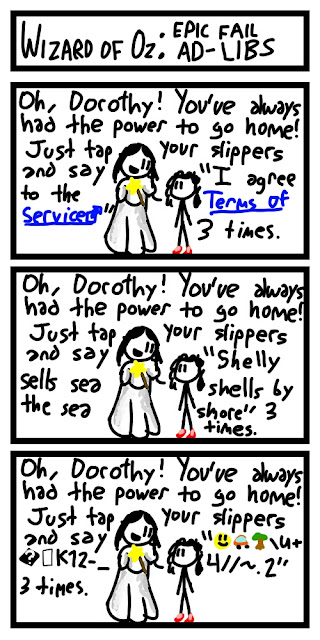 The caption is WIZARD OF OZ: EPIC FAIL AD-LIBS. There are three panels, all in which the same scene where Dorothy is standing next to a fairy with a white dress and a wand. Each of the fairies are saying "Oh, Dorothy! You've always had the power to go home! Just tap your slippers and say blank 3 times." Except each fairy is telling her to say something different. The top fairy tells her to say "I agree to the Terms of Service" with Terms of Service being a hyperlink. The middle fairy tells her to say the tongue twister "Shelly sells sea shells by the sea shore". Then the bottom fairy tells her to say "🙂🚗🌳\U+�▯K12-_4//~.2".