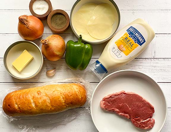 Ingredients for Philly cheesesteak.