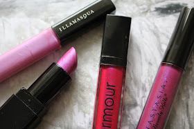 Illamasqua Boost Intense Lipgloss, Illamasqua Underworld Lipstick, Armour lipgloss in Grace, Anastasia lip gloss in Electro
