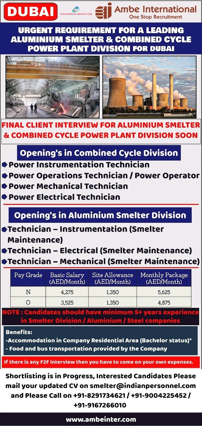 URGENT REQUIREMENT FORA LEADING ALUMINIUM SMELTER & COMBINED CYCLE POWER PLANT DIVISION FOR DUBAI
