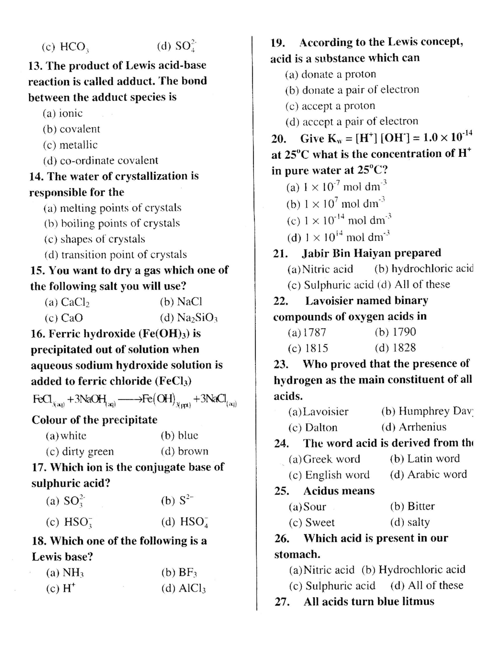 Chapter 2 Notes Chemistry 10th Class Chapter: Acid Bases and Salts {MCQs}