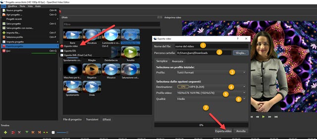 esportazione del video con openshot