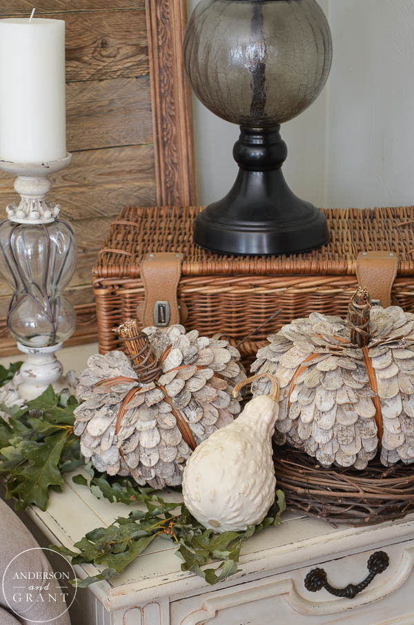 Learn how to create a rustic display with this unique birch bark pumpkins.  |  www.andersonandgrant.com