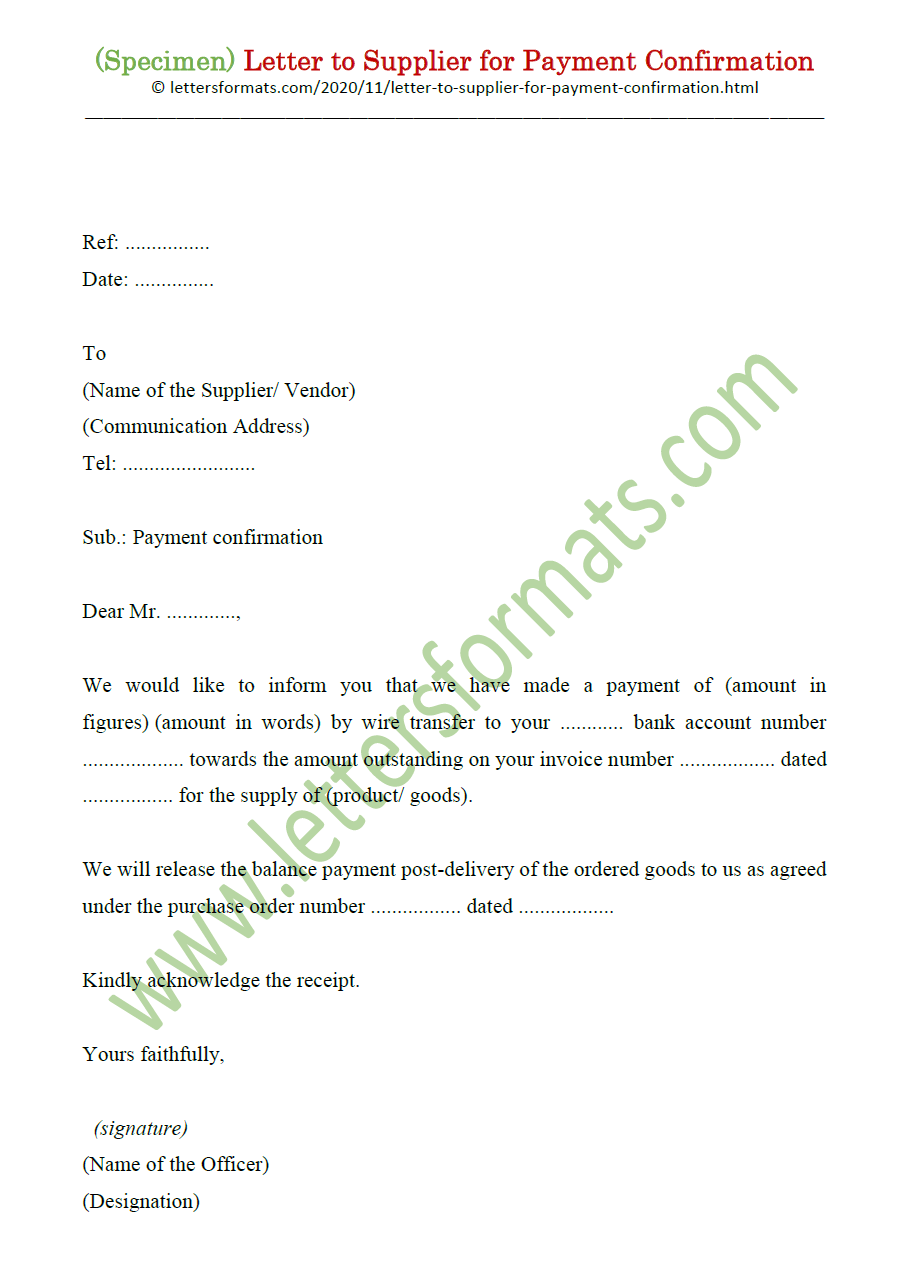 Letter To Supplier For Payment Confirmation Template
