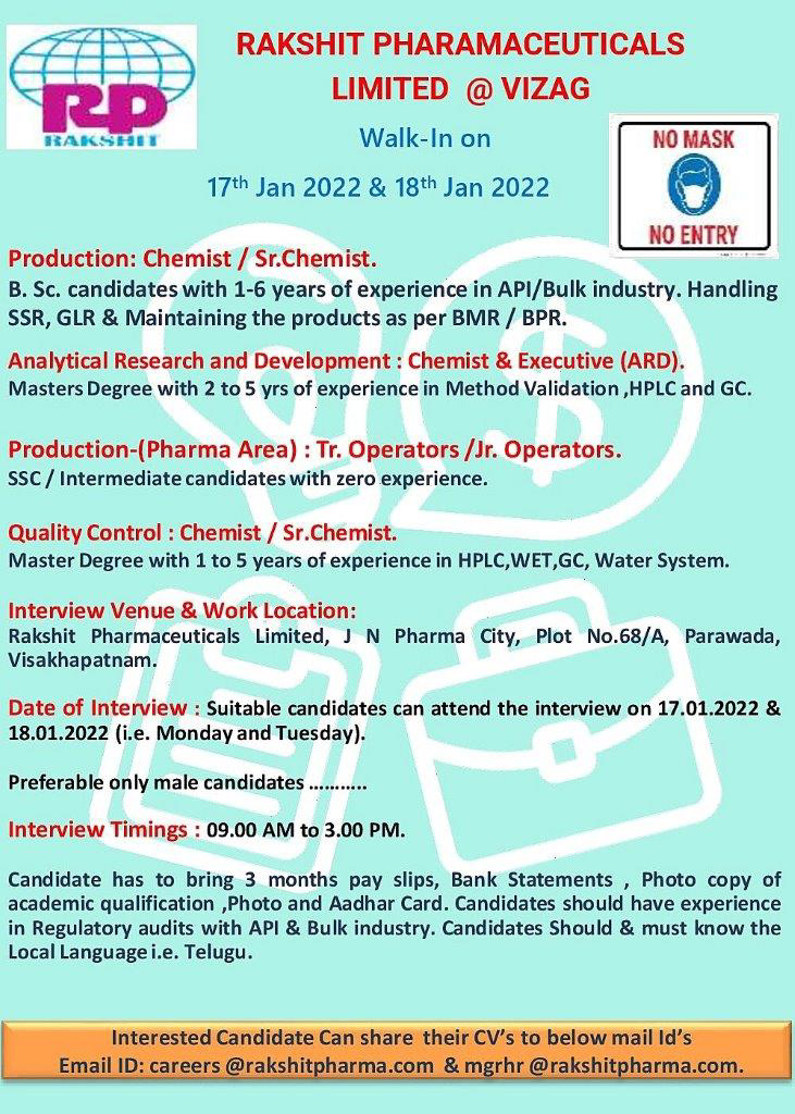 Job Availables,Rakshit Pharmaceuticals Limited Walk-In-Interview For BSc/ Master Degree/ Intermediate