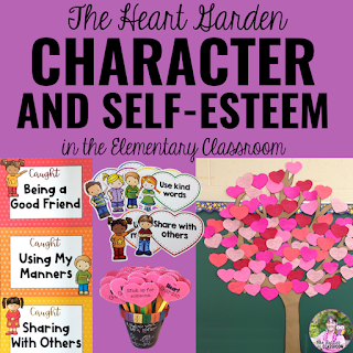 Photo of Heart Garden clip chart, posters, heart tree, and challenges with text that says, "The Heart Garden: Character and Self-Esteem in the Elementary Classroom."