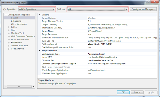 Selecting the Configuration and Platform in the Property Pages window