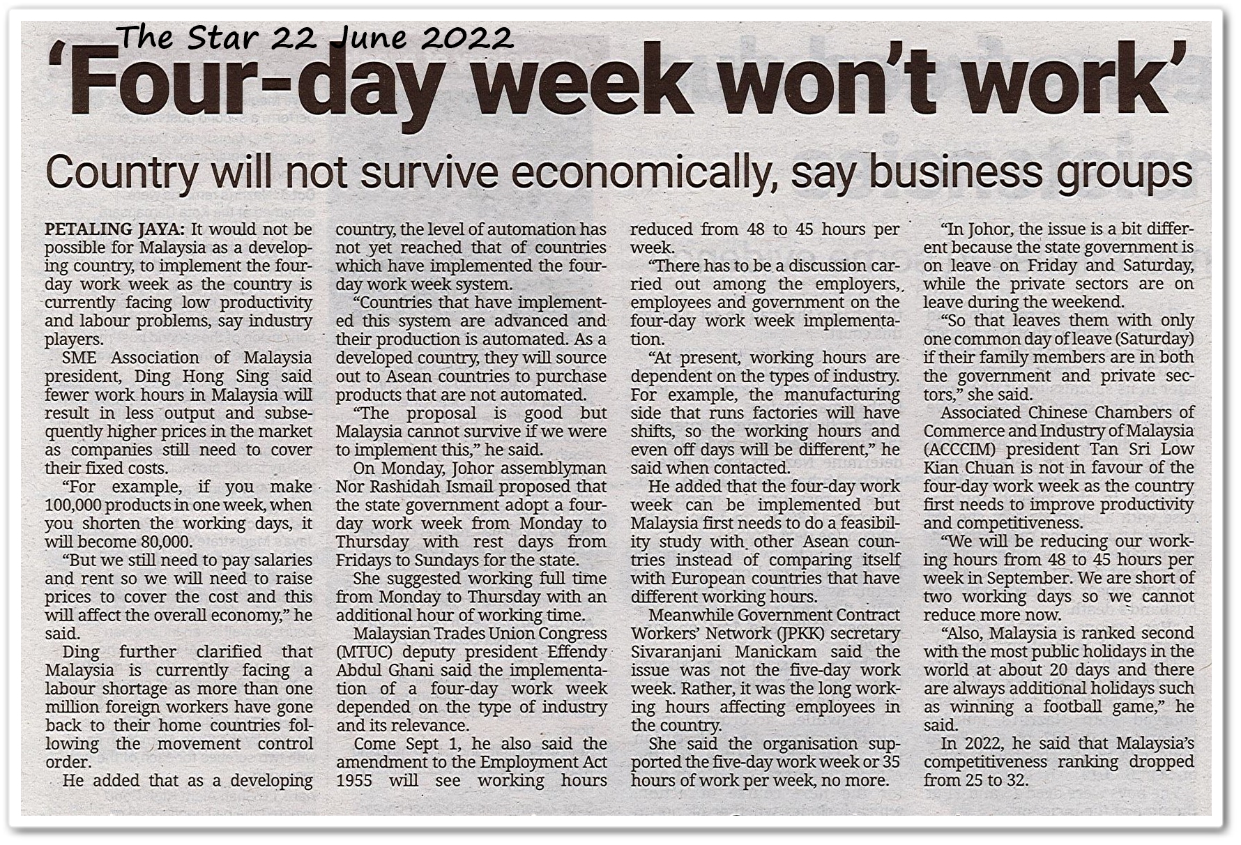 'Four-day week won't work' ; Country will not survive economically, say business groups - Keratan akhbar The Star 22 June 2022