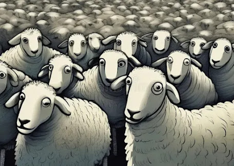 A cartoon drawing of a flock of particularly baffled-looking sheep
