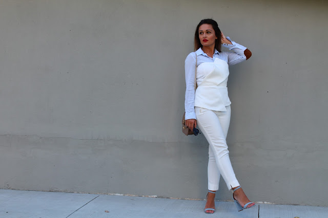 instagram, white pants, white suite, summer layering, how to layer in the summer, summer outfit, toronto blogger, valentino rockstud, pastel blue sandals, block heel sandals, schutz block heel sandal, best summer outfit, how to wear white pants