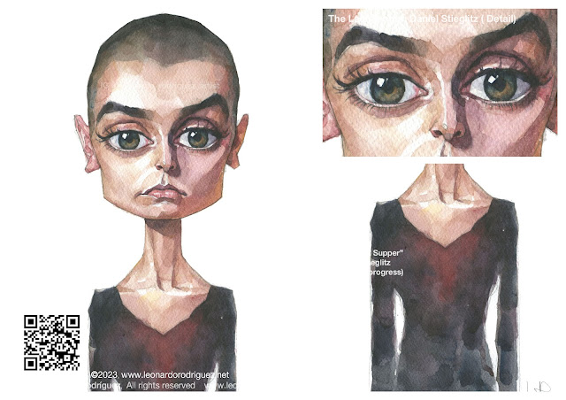 Watercolor illustration of Sinead O'Connor in a frontal view image over a white background.