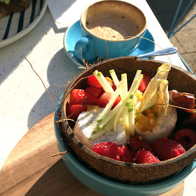 Boathouse Shelley Beach | Coconut bowl, nut crunch, coconut panna cotta, coconut chia pudding, with dates, apple & fresh berries