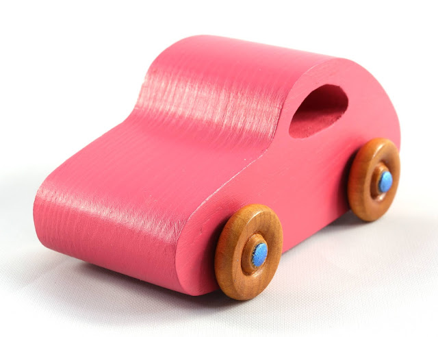 Handmade Wood Toy Car From The Play Pal Series  Based on 1957 VW Bug Pink with Metallic Blue Trim