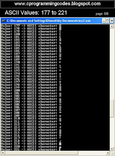 Output of ASCII code value from 177 to 221