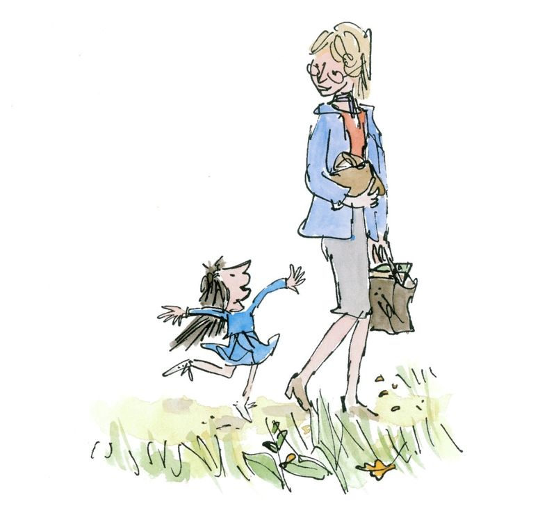 Ilustración de Matilda de Roald Dahl donde Matilda camina junto a la señorita Honey, dibujada por Quentin Blake