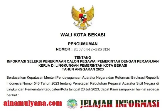 Rincian Formasi Kebutuhan ASN PPPK Kota Bekasi Provinsi Jawa Barat Tahun Anggaran 2023 Pdf