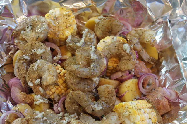 The ingredients for a shrimp boil dinner.