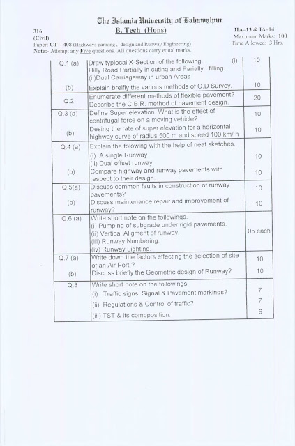 Old Question Paper B.Tech (Pass) Civil, Highways Panning, Design and Runway Engineering, Supply 2013 and Annual 2014 of The Islamia University of Bahawalpur