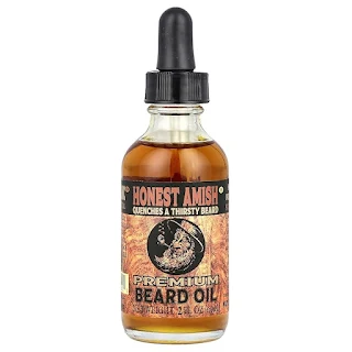 "Product highlight for Honest Amish Classic Beard Oil, featuring benefits like fast growth, hydration, and reduced itchiness, with customer reviews."