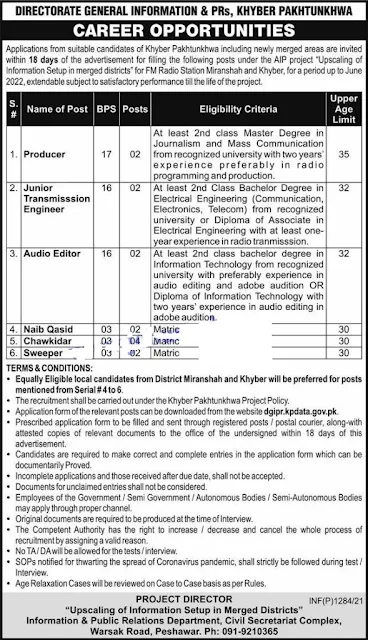 New Govt Jobs 2021 In KPK At Directorate General Information & PRs