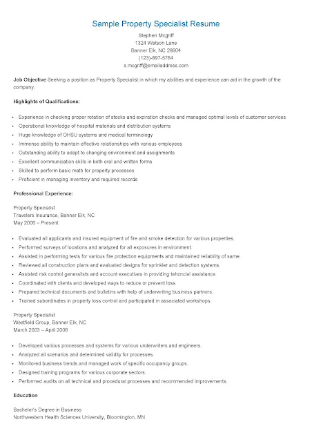 Sample Property Specialist Resume