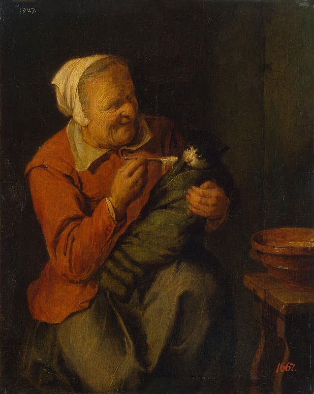 Peasant Woman with a Cat by David Ryckaert III - Genre Paintings from Hermitage Museum